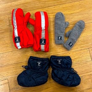 Lot of Polarn O Pyret cold weather gear: two pair mittens and one pair booties